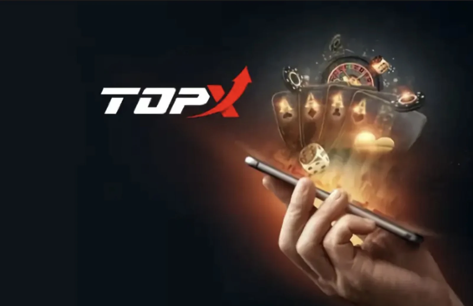 Mão segurando um celular com cartas e roleta em luz dourada, ao lado do logotipo da TopX