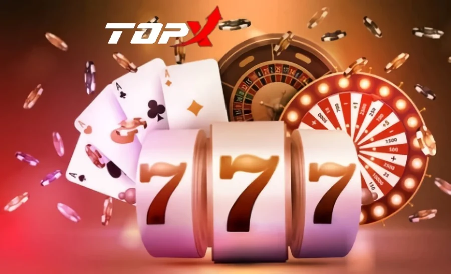 Cartas, slot 777 e roleta em tons de vermelho e dourado, com o logotipo da TopX no canto superior